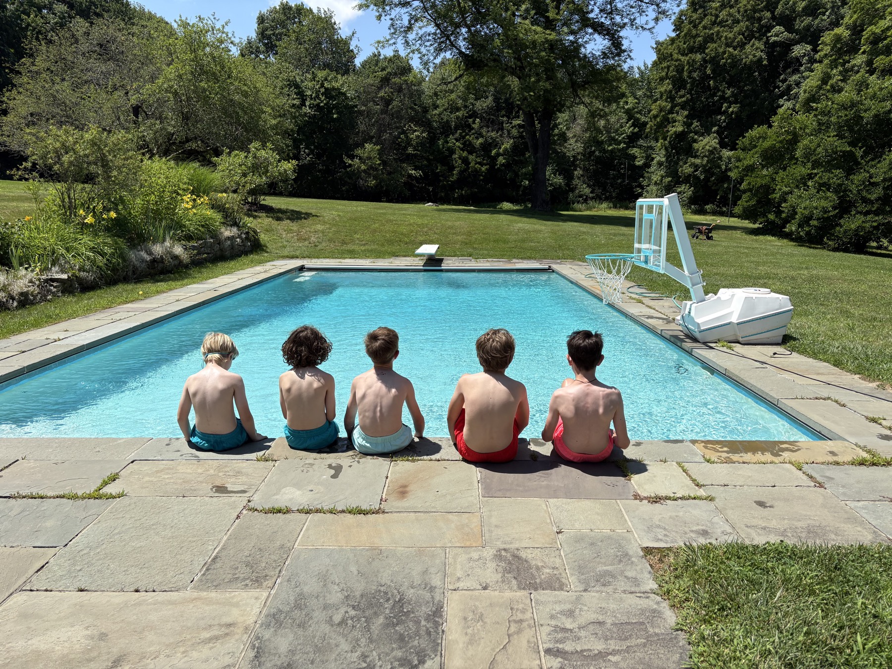 Kids sitting along the edge of the pool
